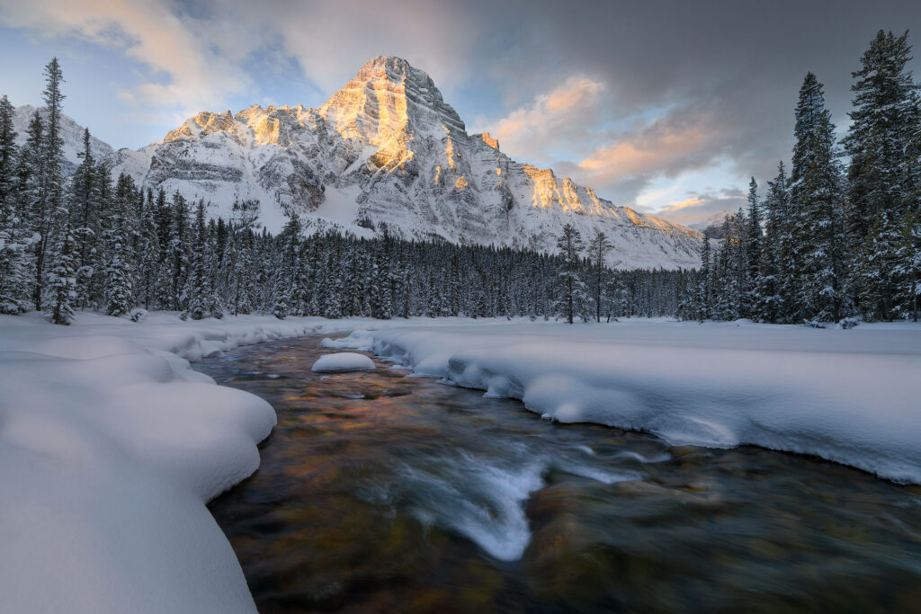 river leading to mount chephren in winter