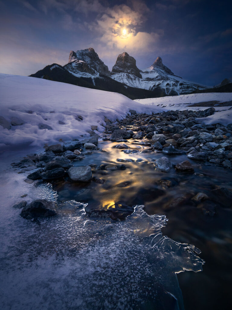 moonset over mountains in Canmore Alberta