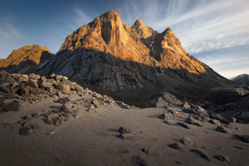 Massive mountain over arctic sand dunes on Baffin Island